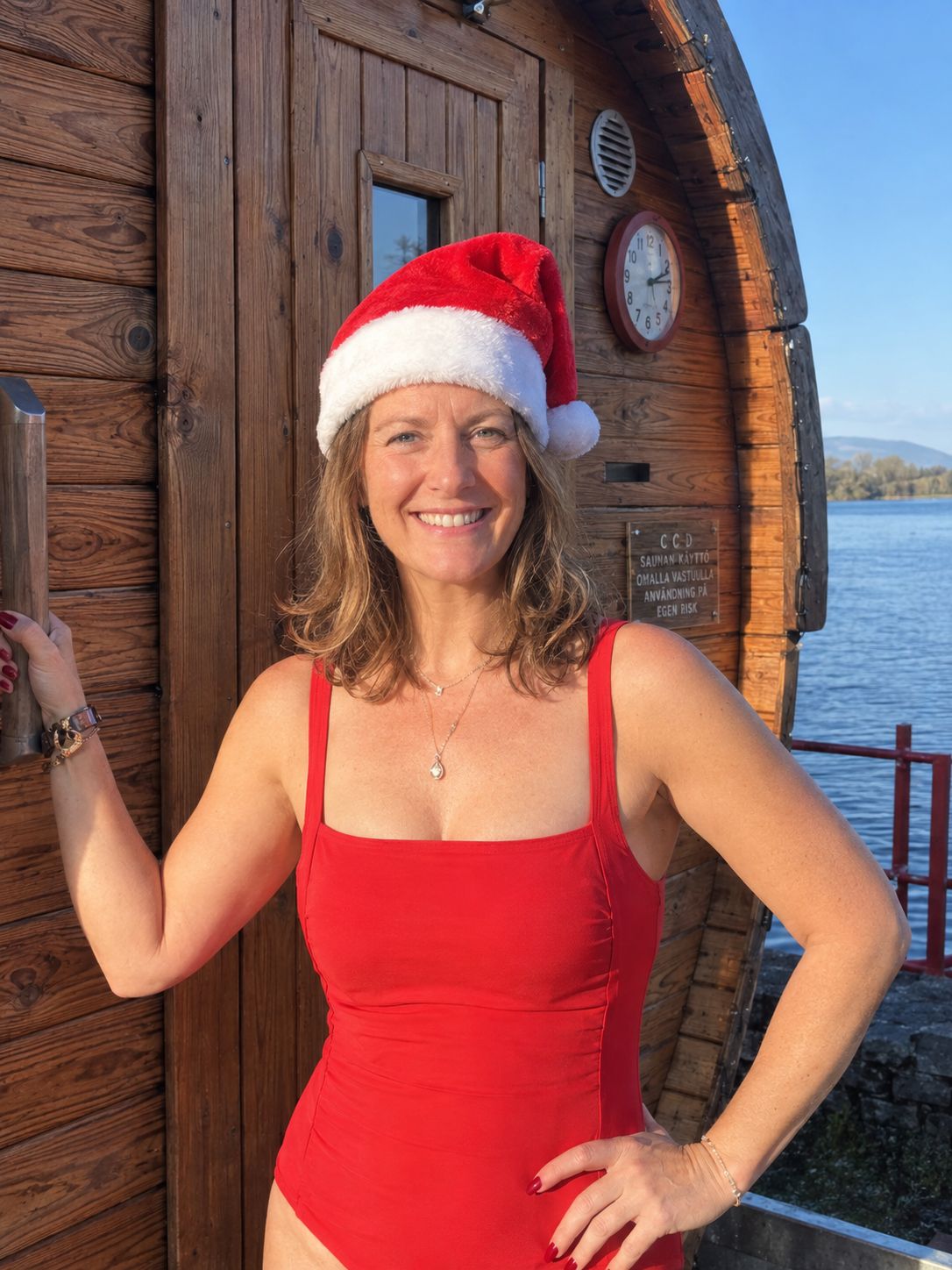 Aine in a Santa hat and red swimsuit at the sauna door